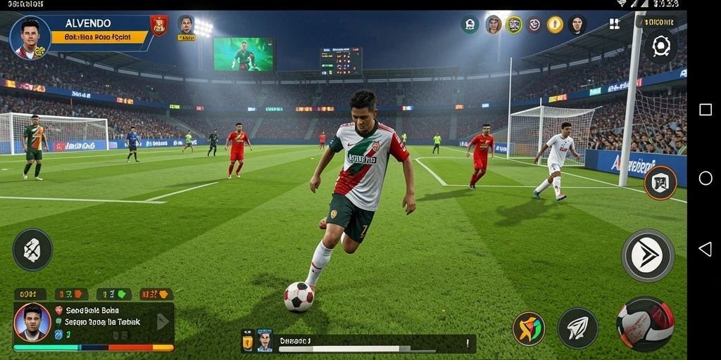 Tampilan gameplay seru dalam ALVENDO yang menggambarkan pertandingan sepak bola intens.