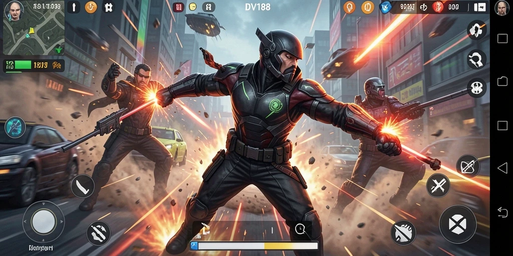 Tampilan seru dari gameplay action DV188 yang mendebarkan.