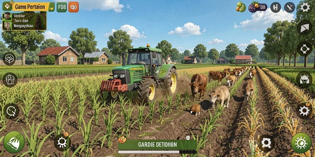 Screenshot gameplay F08 menampilkan aktivitas bertani yang seru dan interaktif.