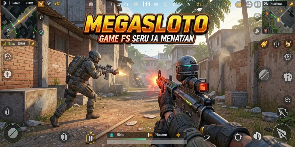 Screenshot utama MEGASLOTO menampilkan aksi menegangkan dalam permainan FPS.