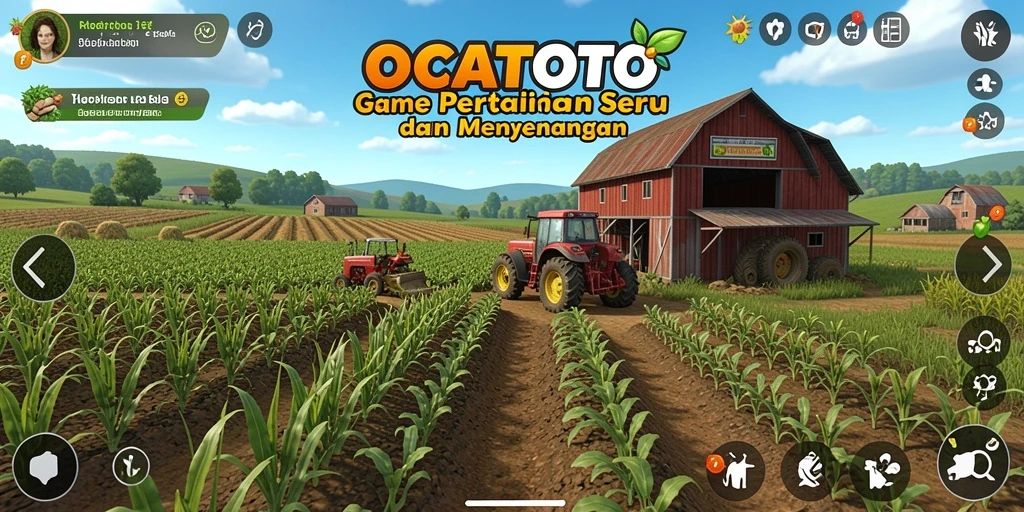 Screenshot gameplay OCATOTO yang menampilkan ladang yang subur dan hewan ternak.