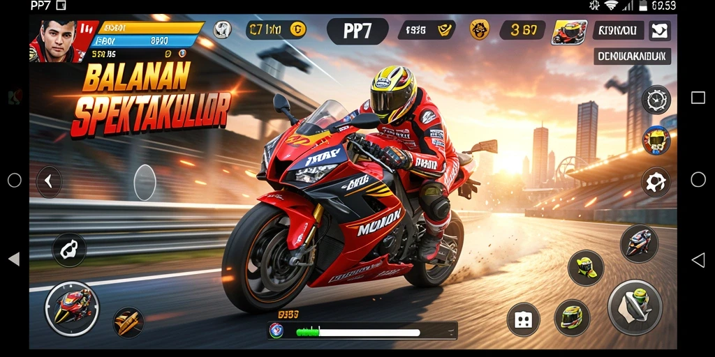 Screenshot PP7 menampilkan aksi balapan motor yang seru dan mendebarkan.