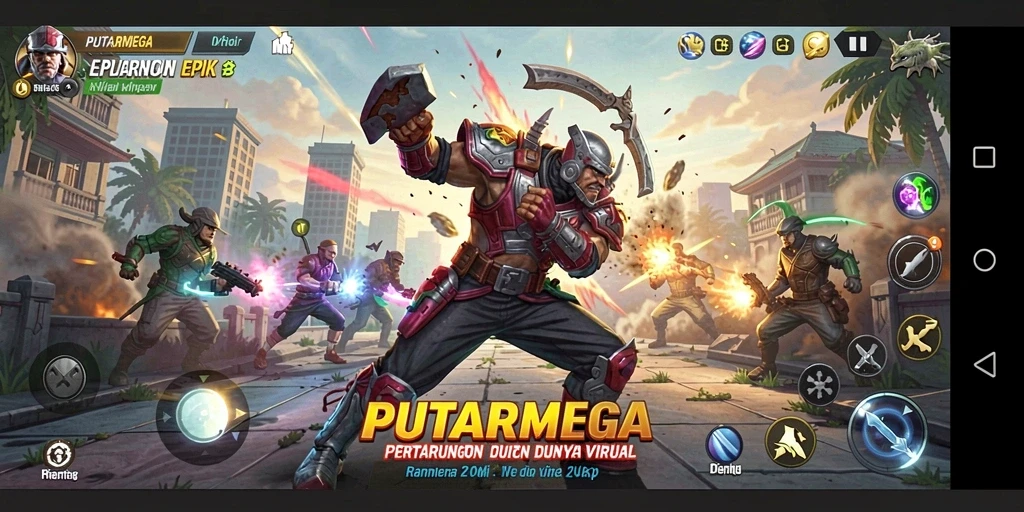 Tangkapan layar PUTARMEGA menampilkan pertarungan seru antara karakter-karakter yang berbeda.