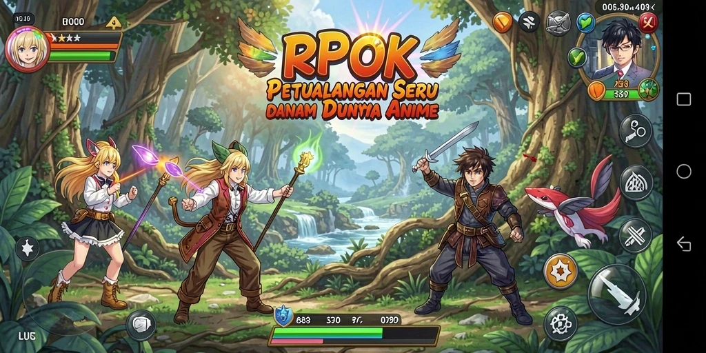 Screenshot gameplay RPOK yang menampilkan aksi seru para karakter anime.
